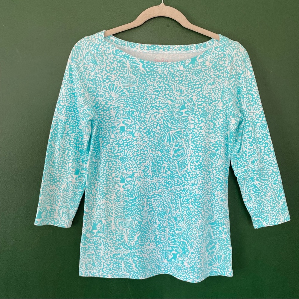 Lily Pulitzer Aqua/Blue and White Tropical Print Shirt